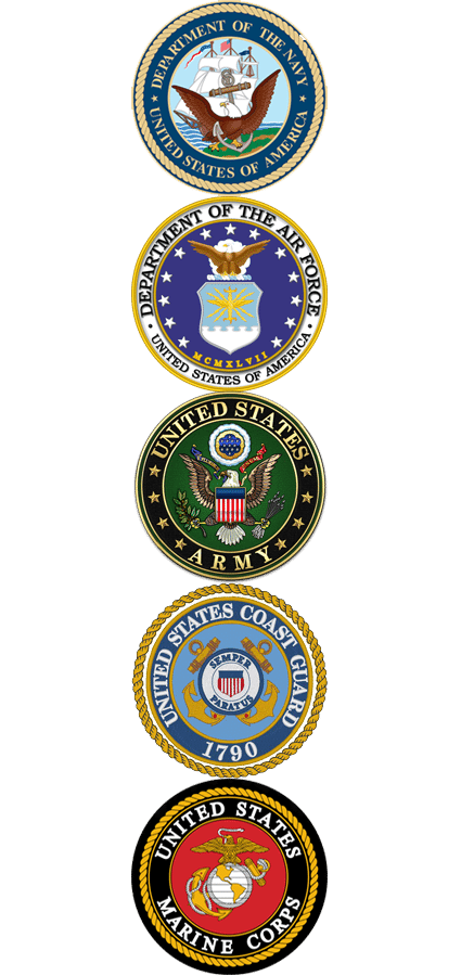 Army, Navy, Marines, Coast Guards, and Airforce emblems in a vertical